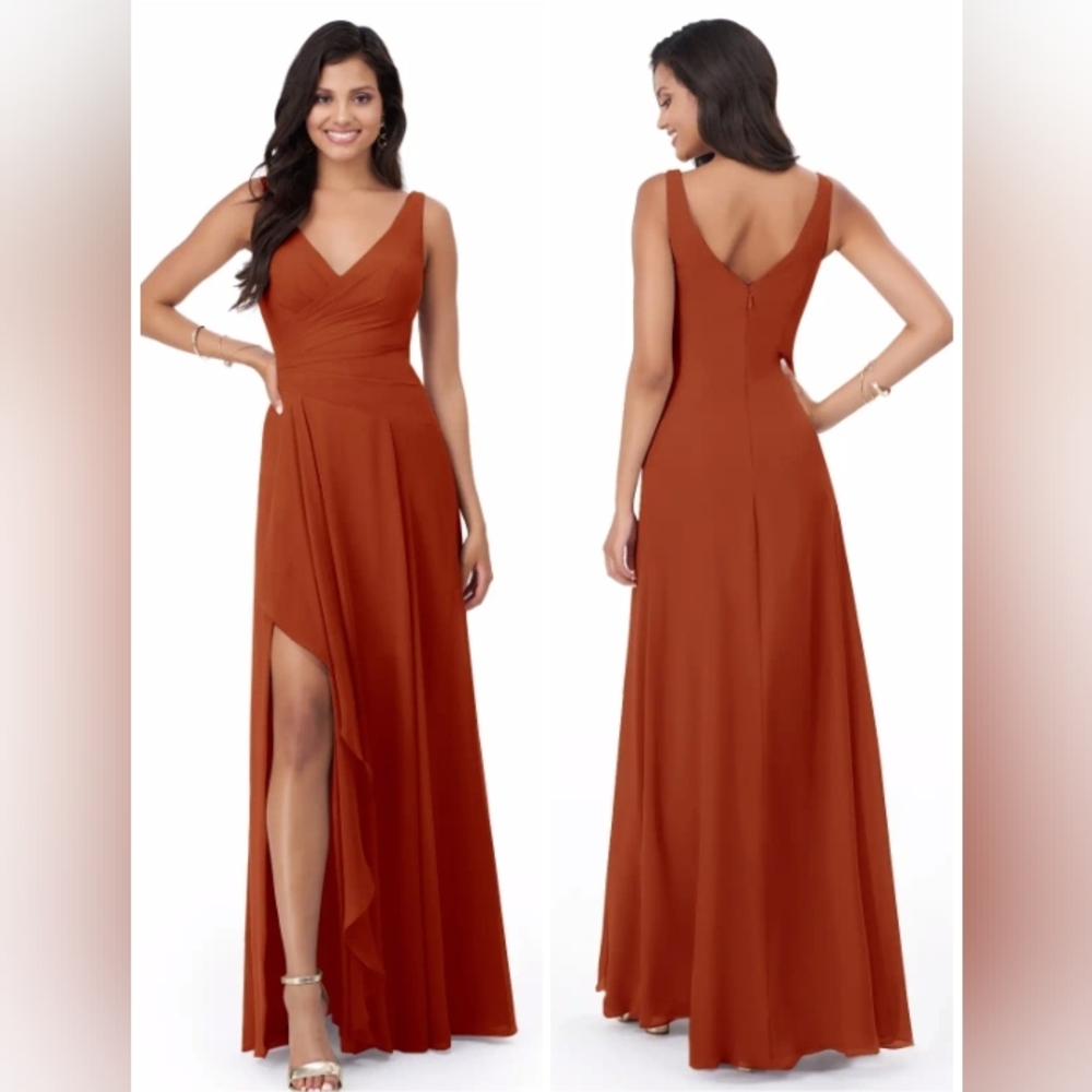 Azazie A-Line Pleated Chiffon Floor-Length Dress Paprika. Size 12